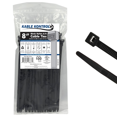 Kable Kontrol Cable Tie, 8 in L, 2.16 in Max Bundle Dia., Black, Nylon 6/6, 120 lb Strength, 100 PK CT278